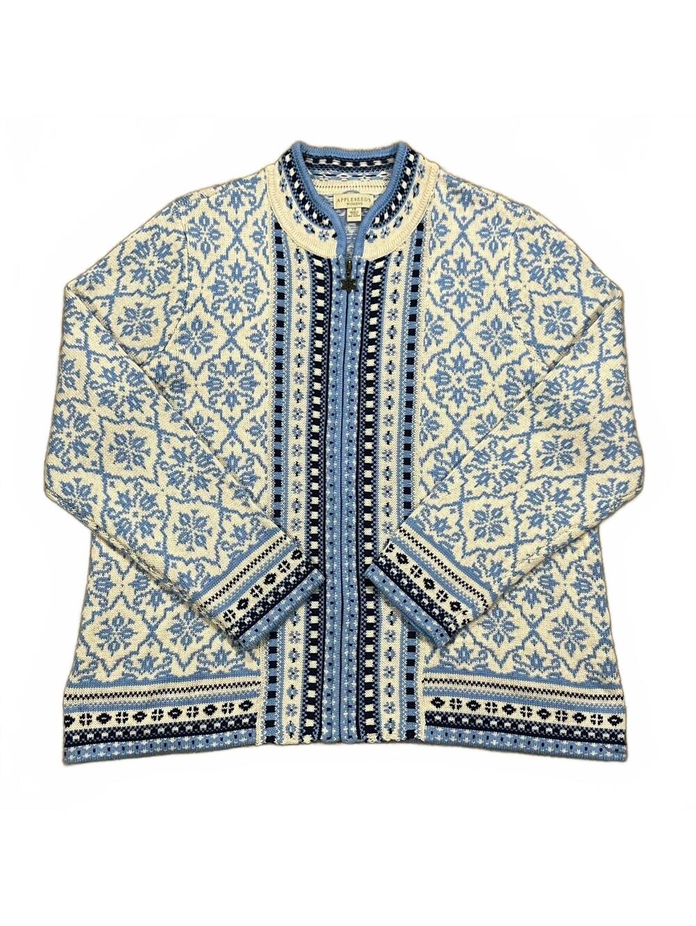Appleseed Fair Isle Nordic Blue White Cardigan Full Zip Sweater Size 1X